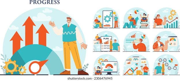 Progress concept set. Business or personal development. Idea of finance increase and professional success. Goal achievement. Flat vector illustration