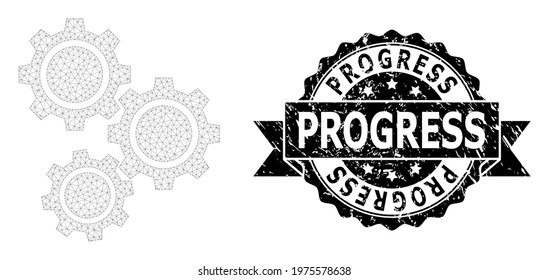 Progress corroded seal and vector gears mesh structure. Black stamp seal includes Progress tag inside ribbon and rosette. Abstract flat mesh gears, designed with flat mesh.