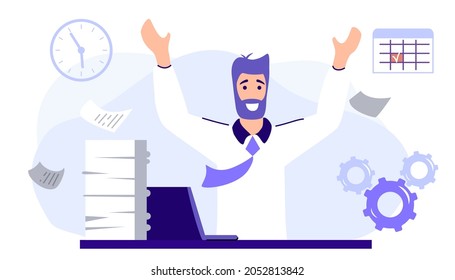 Progress development Happy man completed task and triumphing with raised hands on the his workplace Successful well done work Completed task Freelancers Career up reach as profit vector illustration