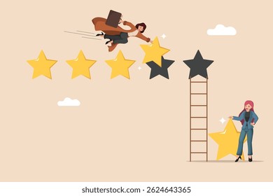 Progress and development shown through increasing star ratings based on customer feedback and a guiding hand.