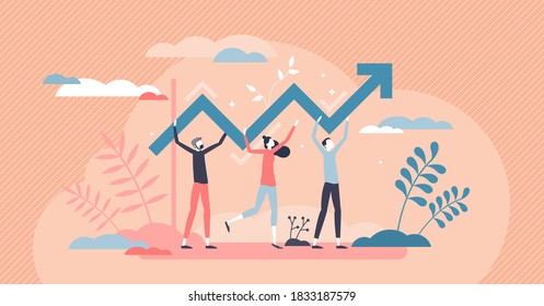 Progress development as success improvement and growth tiny person concept. Professional teamwork scene with increased and upward pointed arrow as profit, sales or career up reach vector illustration.