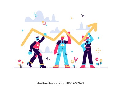 Progress development as success improvement and growth tiny person concept. Professional teamwork scene with increased and upward pointed arrow as profit, sales or career up reach vector illustration.