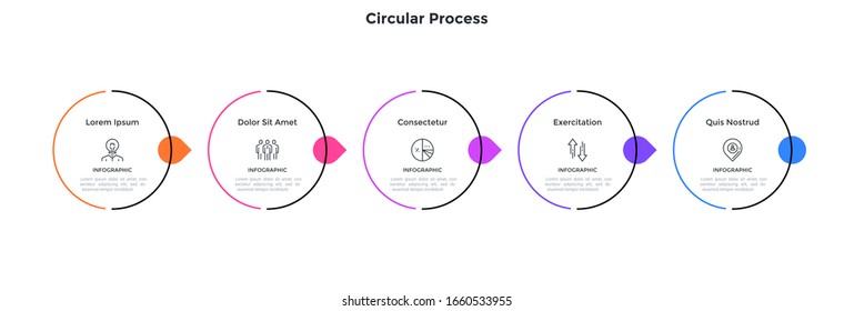 Progress diagram with 5 circles placed in horizontal row and connected by arrows. Concept of five successive stages of business plan. Minimal infographic design template. Flat vector illustration.