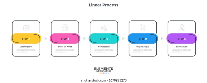 Progress diagram or flow chart with five linear rectangular elements placed in horizontal row. Concept of 5 startup development stages. Simple infographic design template. Modern vector illustration.