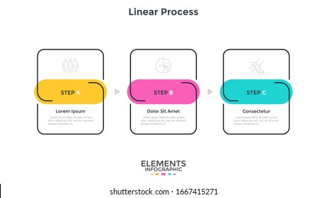 Progress diagram or flow chart with three linear rectangular elements placed in horizontal row. Concept of 3 startup development stages. Simple infographic design template. Modern vector illustration.