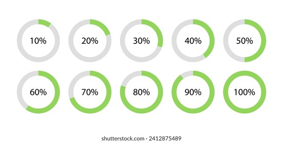 Progress diagram structure. Green circle loading template. 100 percent round pie chart. Circular bar. Schemes with sectors. Piechart with segments and slices. Vector illustration