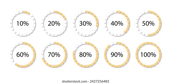 Progress diagram structure. Yellow circle loading template. 100 percent round pie chart. Circular bar. Schemes with sectors. Piechart with segments and slices. Vector illustration