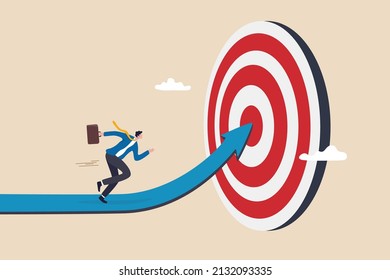 Progress to goal or reaching business target, motivation or challenge to achieve success, career growth or improvement concept, ambitious businessman running on growth arrow path to target bullseye.