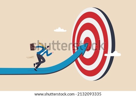 Progress to goal or reaching business target, motivation or challenge to achieve success, career growth or improvement concept, ambitious businessman running on growth arrow path to target bullseye.