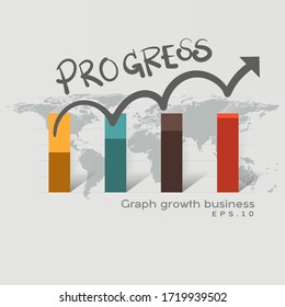 Progress graph business on the world map. Business development to success and growing growth concept. Business growth abstract background. Pointing arrow graph corporate future growth plan.