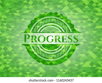 Progress green emblem. Mosaic background