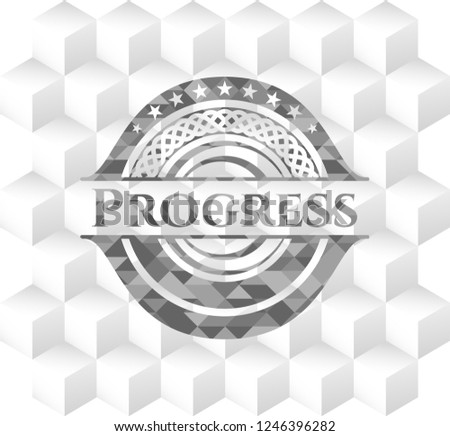 Progress grey badge with geometric cube white background