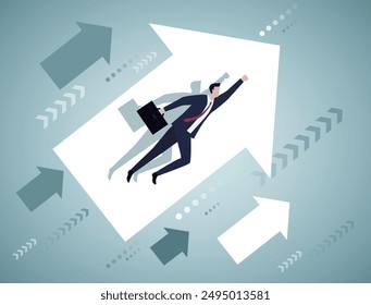 Progress and grow. businessman flying with growth arrow vector