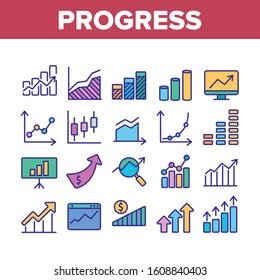 Progress Grow Graphs Collection Icons Set Vector Thin Line. Progress Arrow On Screen Web Site, Magnifier And Dollar Coin Concept Linear Pictograms. Color Illustrations