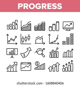 Progress Grow Graphs Collection Icons Set Vector Thin Line. Progress Arrow On Screen Web Site, Magnifier And Dollar Coin Concept Linear Pictograms. Monochrome Contour Illustrations