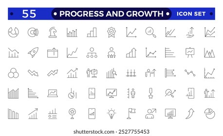 Progress and Growth icon set. Containing performance, gain, improvement, grow, chart, increase, evolution and development icons. Outline icon collection.
