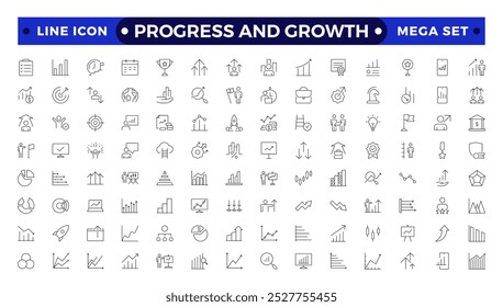 Progress and Growth icon set. Containing performance, gain, improvement, grow, chart, increase, evolution and development icons. Outline icon collection.
