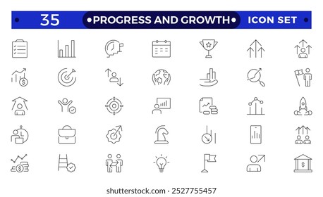 Progress and Growth icon set. Containing performance, gain, improvement, grow, chart, increase, evolution and development icons. Outline icon collection.
