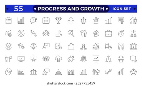 Progress and Growth icon set. Containing performance, gain, improvement, grow, chart, increase, evolution and development icons. Outline icon collection.
