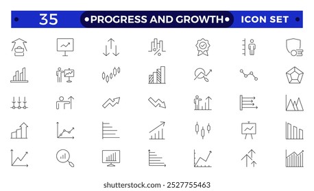 Progress and Growth icon set. Containing performance, gain, improvement, grow, chart, increase, evolution and development icons. Outline icon collection.
