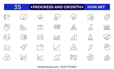 Progress and Growth icon set. Containing performance, gain, improvement, grow, chart, increase, evolution and development icons. Outline icon collection.
