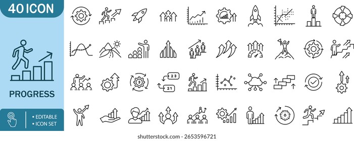 Progresso Crescimento Sucesso Conquista Desenvolvimento Linha de Negócio Ícone Setprogress,growth,success,tainment,development,business,icon,line,editable,set,graph,chart,foguete,gear,arrow,steps,upward,leader,