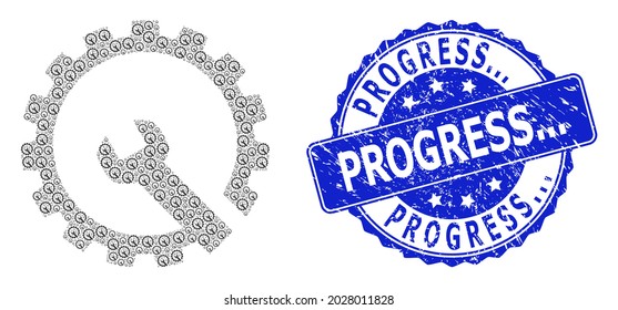 Progress... grunge round seal and vector recursive composition gear repair. Blue stamp seal includes Progress... text inside round shape.