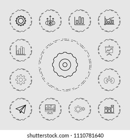 Progress icon. collection of 13 progress outline icons such as gear, chart, paper plane, money up, graph on board. editable progress icons for web and mobile.