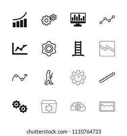 Progress icon. collection of 16 progress filled and outline icons such as ladder, graph, gear, stairs, chart, line graph, caveman. editable progress icons for web and mobile.