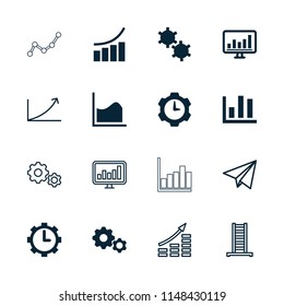 Progress icon. collection of 16 progress filled and outline icons such as graph, chart, clock in gear, gear clock, ladder, gear. editable progress icons for web and mobile.