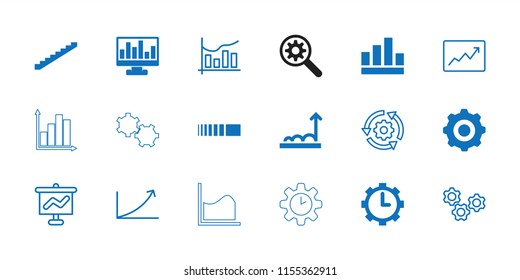 Progress icon. collection of 18 progress filled and outline icons such as stairs, graph, clock in gear, gear    sign symb. editable progress icons for web and mobile.