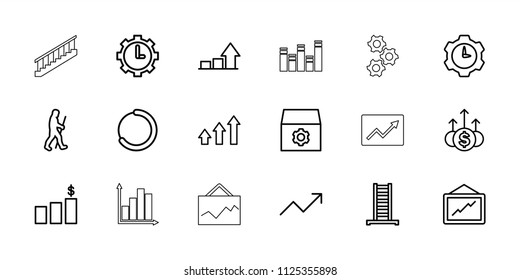 Progress icon. collection of 18 progress outline icons such as ladder, gear, graph, loading, clock in gear, money chart, money up. editable progress icons for web and mobile.