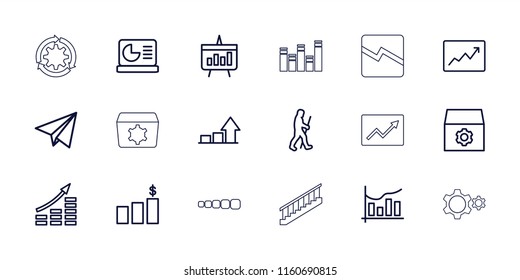 Progress icon. collection of 18 progress outline icons such as gear, money growth, chart, line graph, graph, paper plane. editable progress icons for web and mobile.