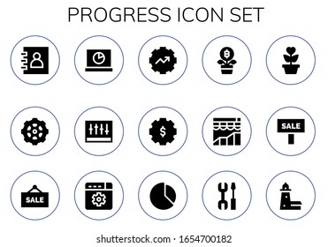 progress icon set. 15 filled progress icons. Included Agenda, Gear, Analytics, Levels, Settings, Growth, Sale, Chart, Split point icons