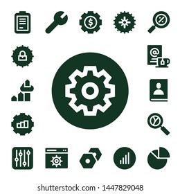 progress icon set. 17 filled progress icons.  Collection Of - Form, Settings, Chart, Gear, Wait, Agenda, Analytics, Bars graphics, Percentage