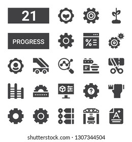 progress icon set. Collection of 21 filled progress icons included Score, Loader, Timeline, Settings, Design skills, Cogwheel, Ladder, Sales, Analytics, Sale, Growth, Setting
