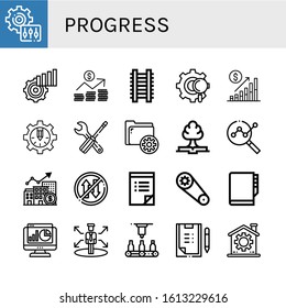 progress icon set. Collection of Setting, Statistics, Graph, Ladder, Gear, Bar chart, Settings, Growth, Analytics, Priority, To do list, Agenda, Decision, Automatic, Scoring icons