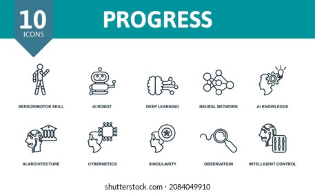 Progress icon set. Collection of simple elements such as the evolution, big data, sensorimotor skill, ai robot, neural network, ai architecture, singularity.