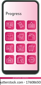 progress icon set. included gift, shopping bag, online shop, 24-hours, sale, package, wallet, shopping cart, closed, open, trolley icons on phone design background . linear styles.