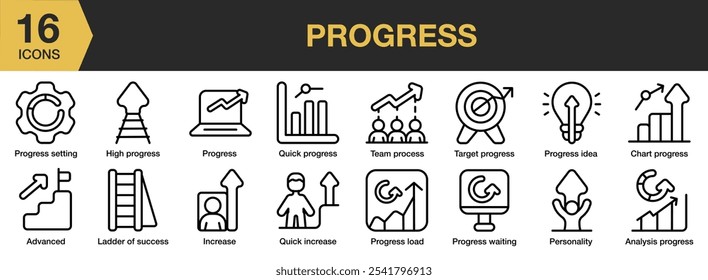 Ícone de andamento definido. Inclui recursos avançados, gráfico, aumento, personalidade e muito mais. Contornar coleção de vetores de ícones.