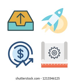 progress icon set. vector set about configuration, outbox, rocket and profits icons set.