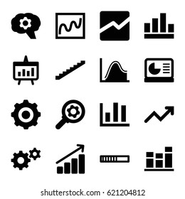Progress icons set. set of 16 progress filled icons such as stairs, gear, line chart, chart, graph, chart on display, gear    sign symb