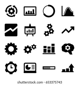 Progress icons set. set of 16 progress filled icons such as gear, graph, line chart, chart, chart on display, gear clock, gear rotate