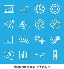 progress icons set. Set of 16 progress outline icons such as gear, ladder, clock in gear, graph, paper plane, graph on hand, gear rotate
