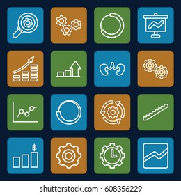 Progress icons set. set of 16 progress outline icons such as stairs, kidney, line chart, clock in gear, gear, graph, money chart, chart, money growth, graph on board