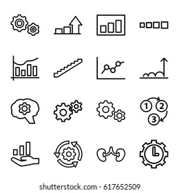 Progress icons set. set of 16 progress outline icons such as stairs, gear, kidney, chart, clock in gear, graph, 1 2 3, graph on hand