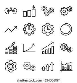 Progress icons set. set of 16 progress outline icons such as gear, kidney, chart, clock in gear, graph, money chart, money growth