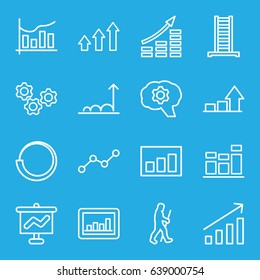 Progress icons set. set of 16 progress outline icons such as ladder, graph, chart, line graph, caveman, gear, money growth, graph on board