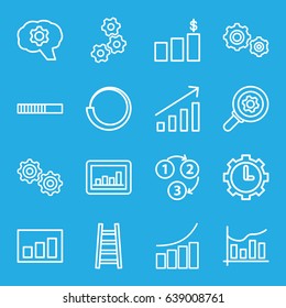 Progress icons set. set of 16 progress outline icons such as graph, ladder, chart, clock in gear, gear, 1 2 3, gear    sign symb, money chart