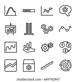 Progress icons set. set of 16 progress outline icons such as ladder, stairs, gear, line chart, 1 2 3, chart, graph, graph on hand, gear rotate